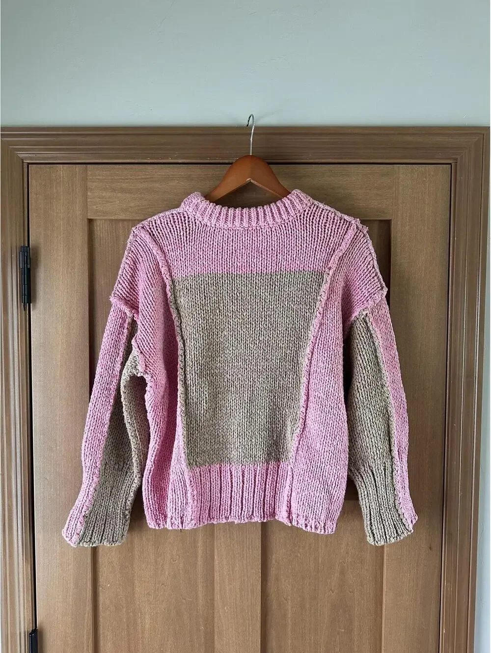 Pilcro Anthropologie Chunky Crew-Neck Colorblock Pink & Tan Sweater Women’s XS